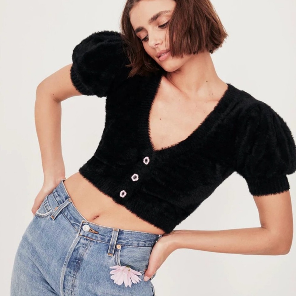 For Love & Lemons Black Fuzzy Puff Sleeve Crop Top
